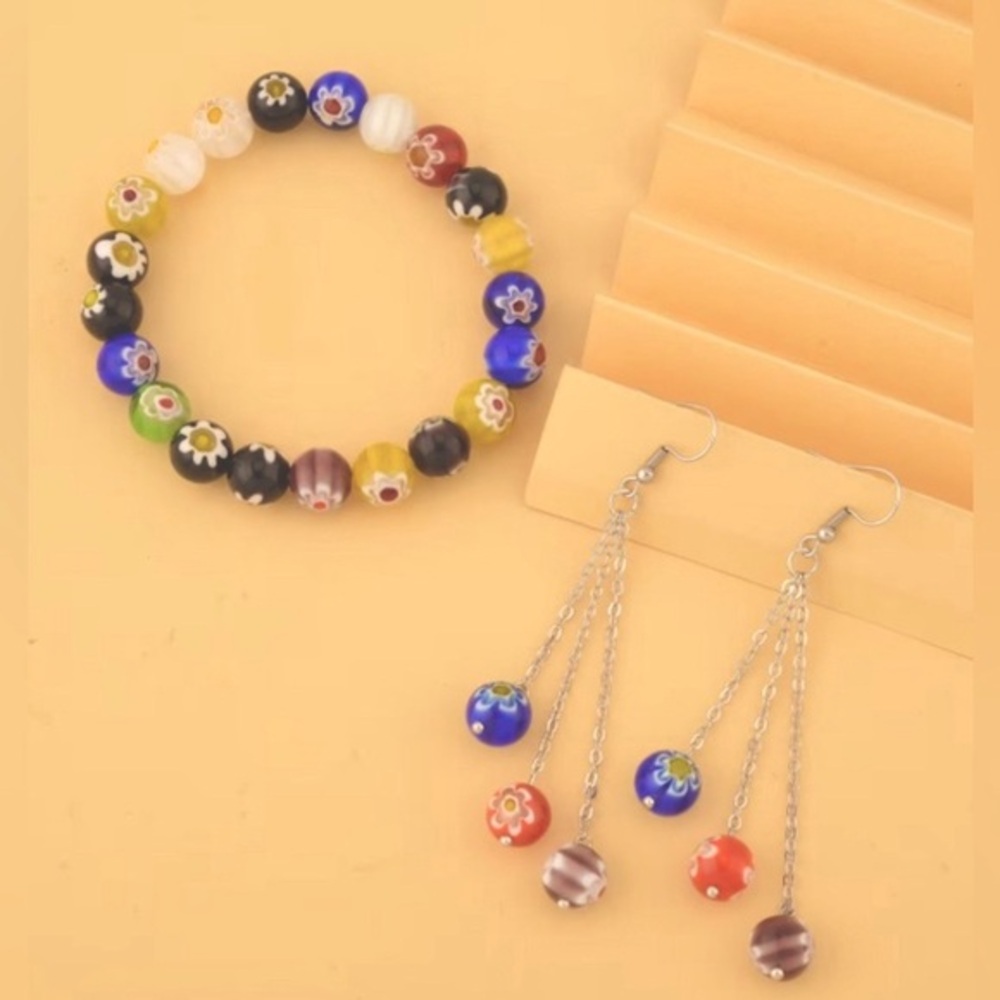 Colorful Murano Beaded Bracelet and Earrings Set/ Stainless Steel
